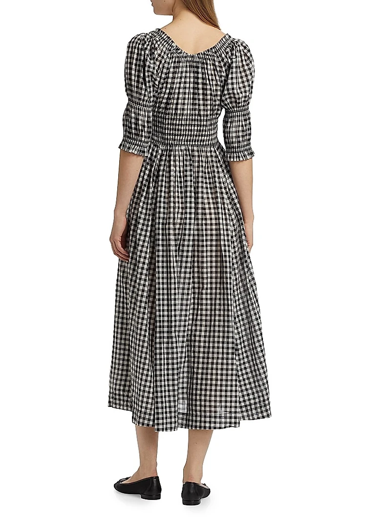 Ischia Gingham Cotton Tie-Waist Midi Dress