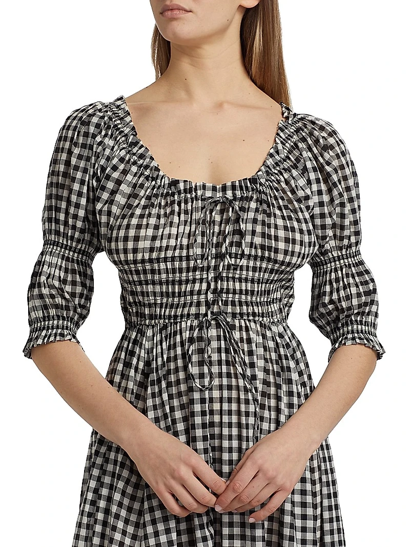 Ischia Gingham Cotton Tie-Waist Midi Dress