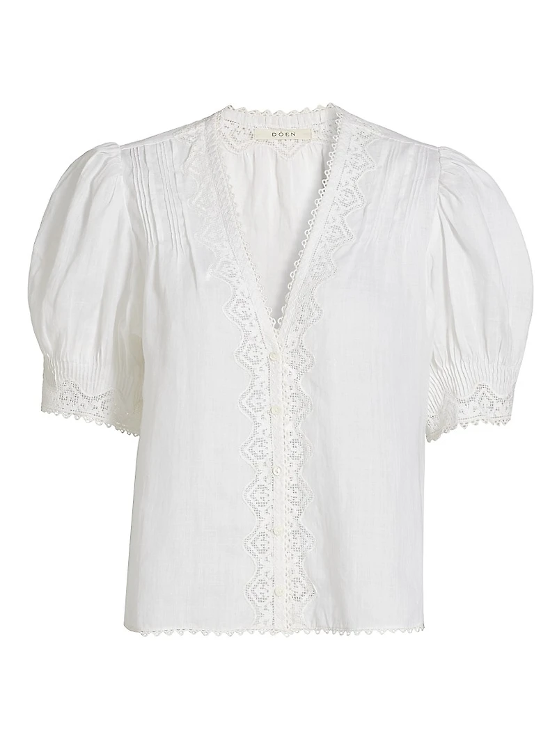 Brigetta Eyelet-Trim Linen Puff Sleeve Top