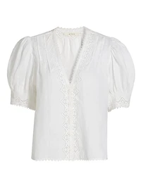Brigetta Eyelet-Trim Linen Puff Sleeve Top