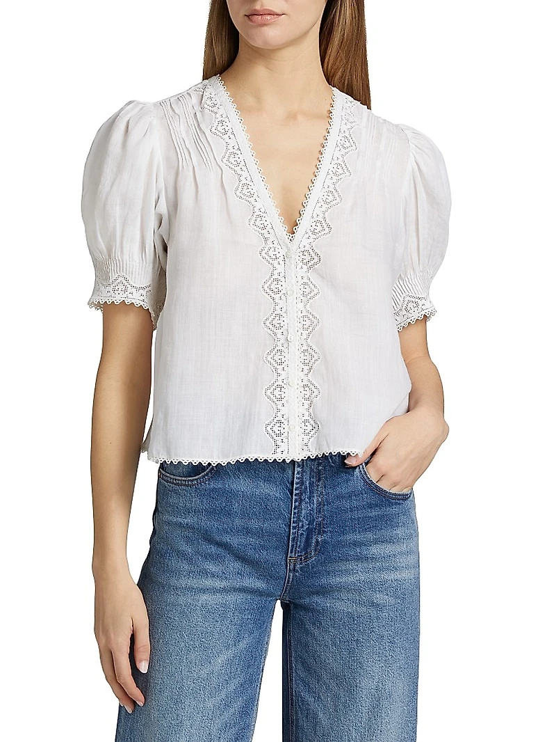 Brigetta Eyelet-Trim Linen Puff Sleeve Top