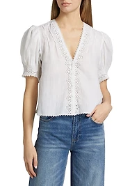 Brigetta Eyelet-Trim Linen Puff Sleeve Top