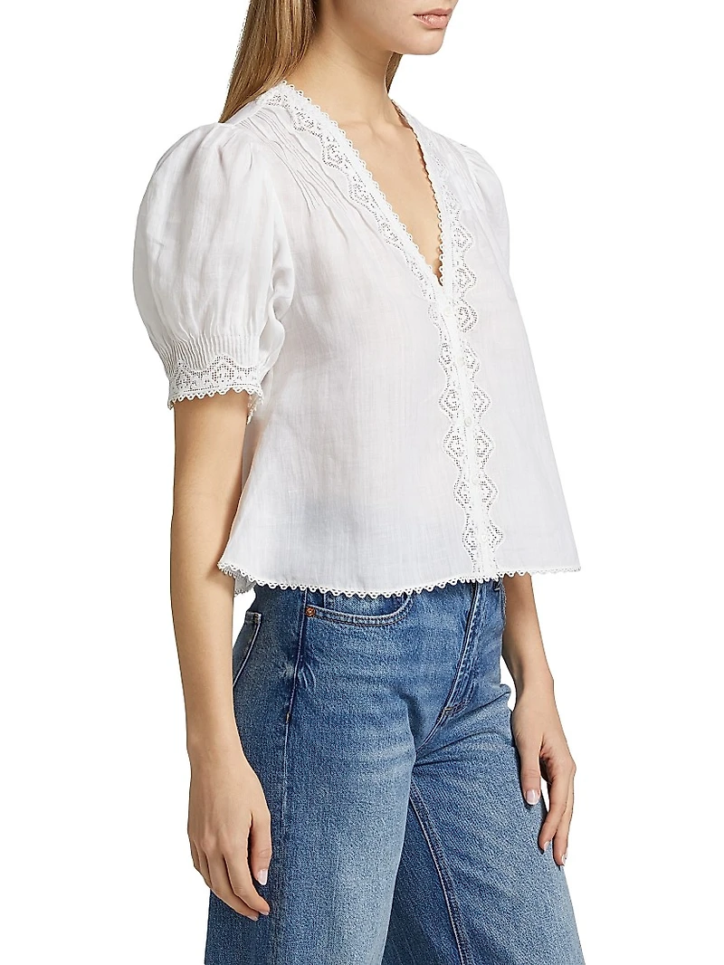 Brigetta Eyelet-Trim Linen Puff Sleeve Top