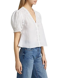 Brigetta Eyelet-Trim Linen Puff Sleeve Top