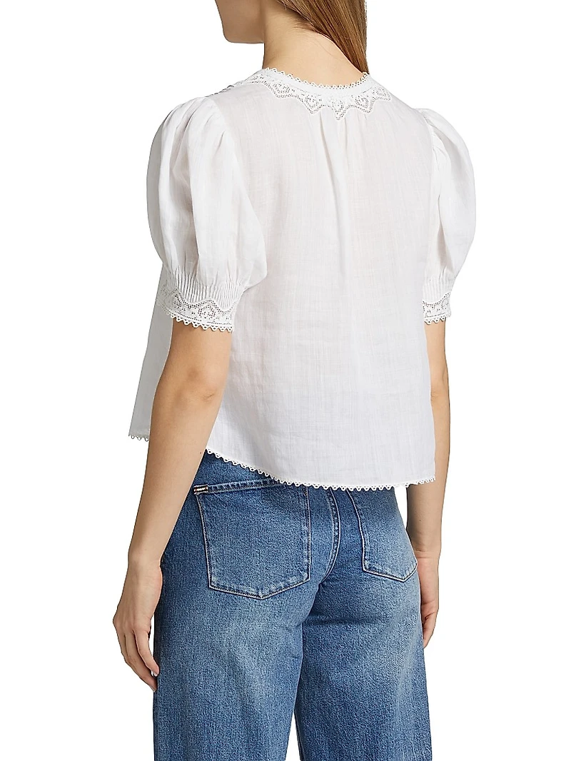Brigetta Eyelet-Trim Linen Puff Sleeve Top