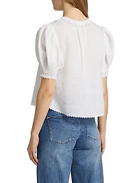 Brigetta Eyelet-Trim Linen Puff Sleeve Top