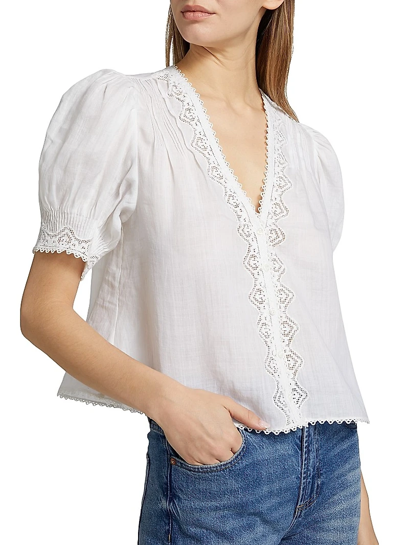 Brigetta Eyelet-Trim Linen Puff Sleeve Top
