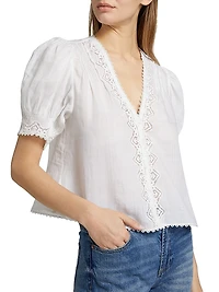 Brigetta Eyelet-Trim Linen Puff Sleeve Top