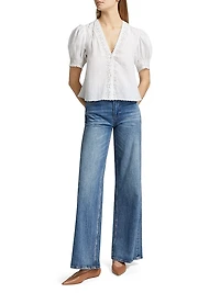 Brigetta Eyelet-Trim Linen Puff Sleeve Top