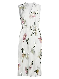 Wilted Peony Pleated V-Neck Midi-Dress
