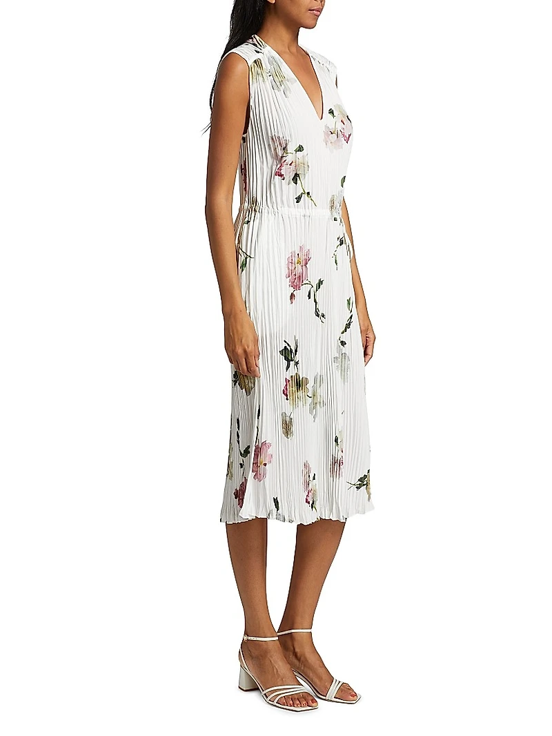 Wilted Peony Pleated V-Neck Midi-Dress