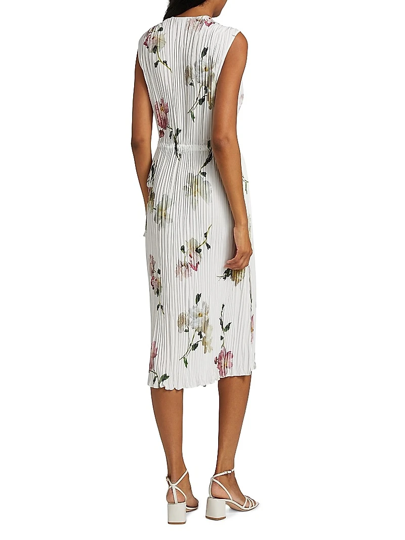 Wilted Peony Pleated V-Neck Midi-Dress