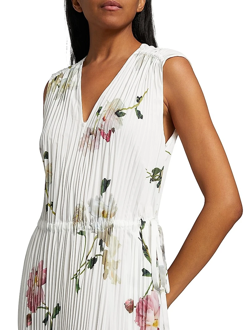 Wilted Peony Pleated V-Neck Midi-Dress