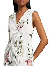 Wilted Peony Pleated V-Neck Midi-Dress
