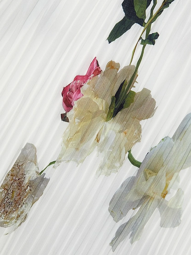 Wilted Peony Pleated V-Neck Midi-Dress