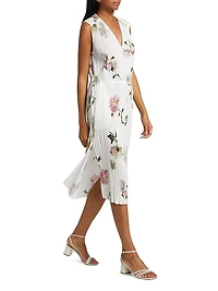 Wilted Peony Pleated V-Neck Midi-Dress