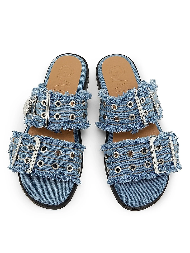 Denim Two-Strap Buckle Sandals