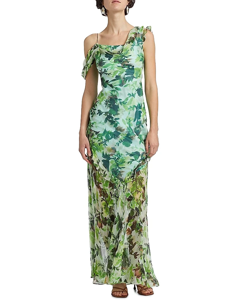 Seema Floral Silk Ruffled Maxi Dress