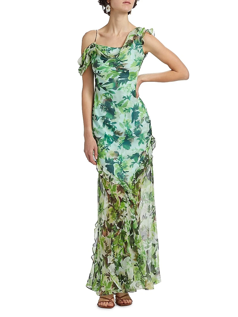 Seema Floral Silk Ruffled Maxi Dress