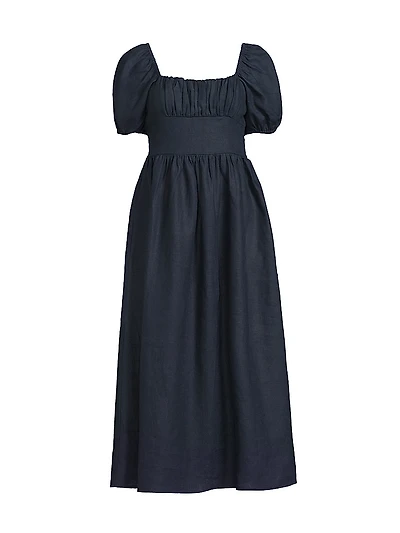 Dalia Puff-Sleeve Linen Midi-Dress