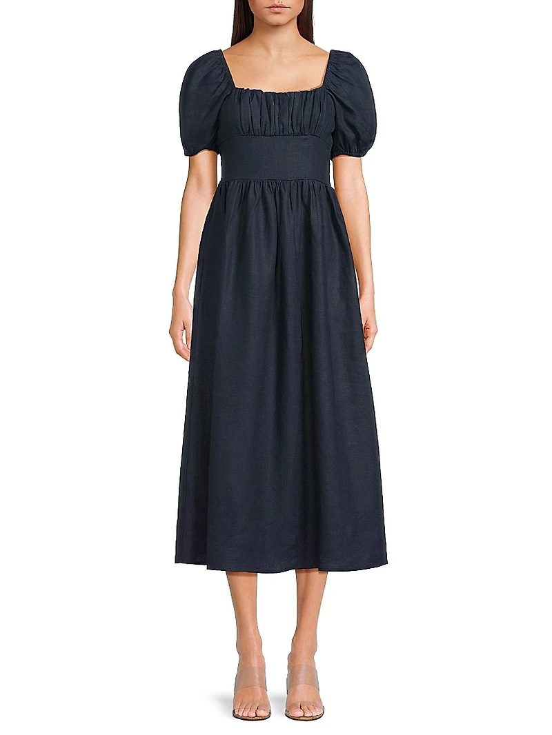 Dalia Puff-Sleeve Linen Midi-Dress