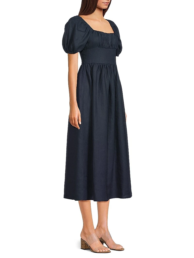 Dalia Puff-Sleeve Linen Midi-Dress