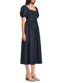 Dalia Puff-Sleeve Linen Midi-Dress
