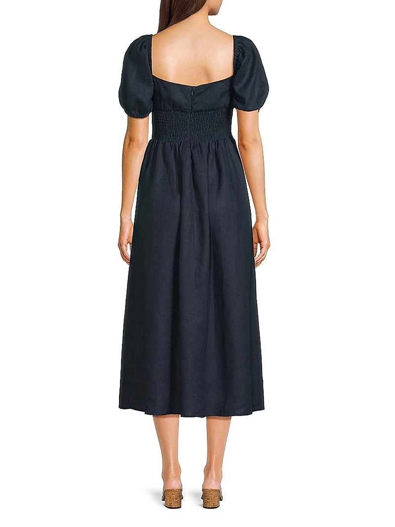 Dalia Puff-Sleeve Linen Midi-Dress