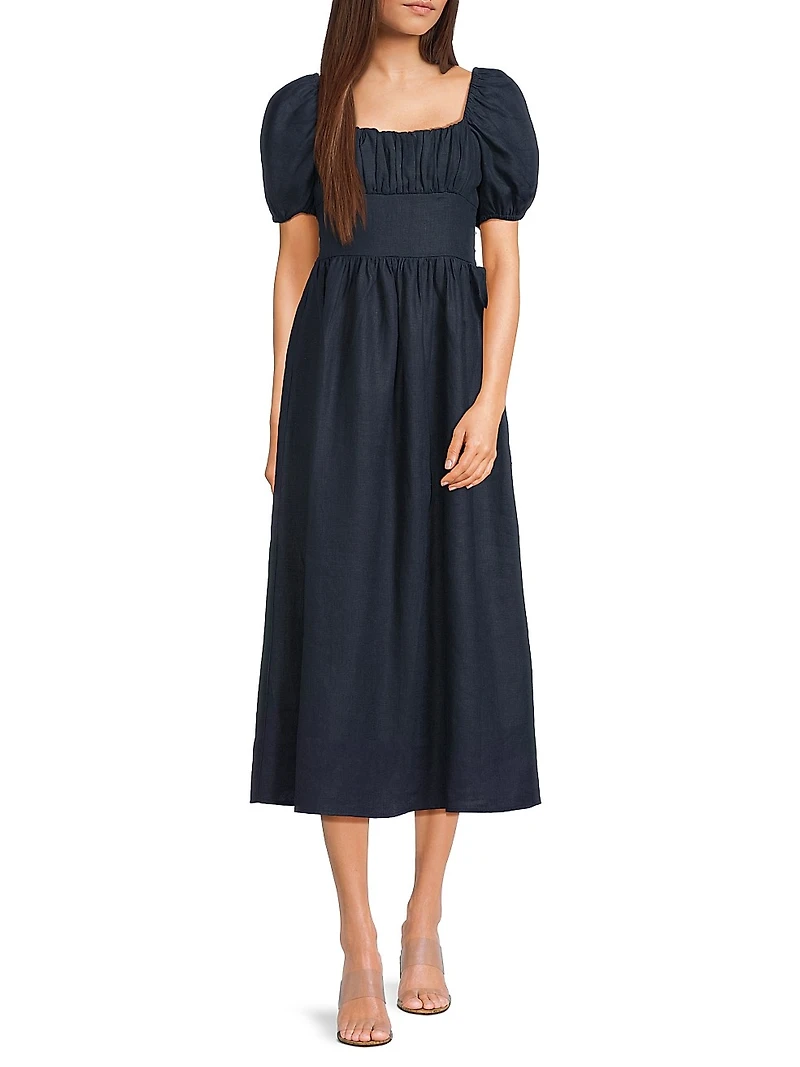 Dalia Puff-Sleeve Linen Midi-Dress