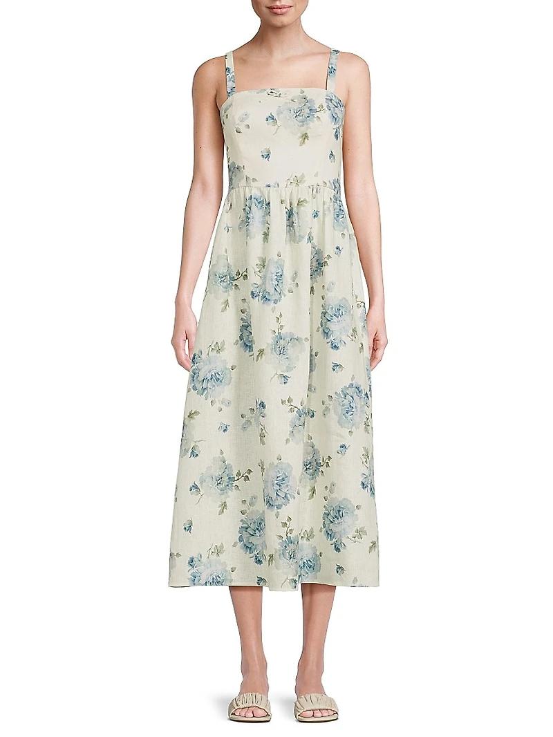 Vera Floral Linen A-Line Midi-Dress