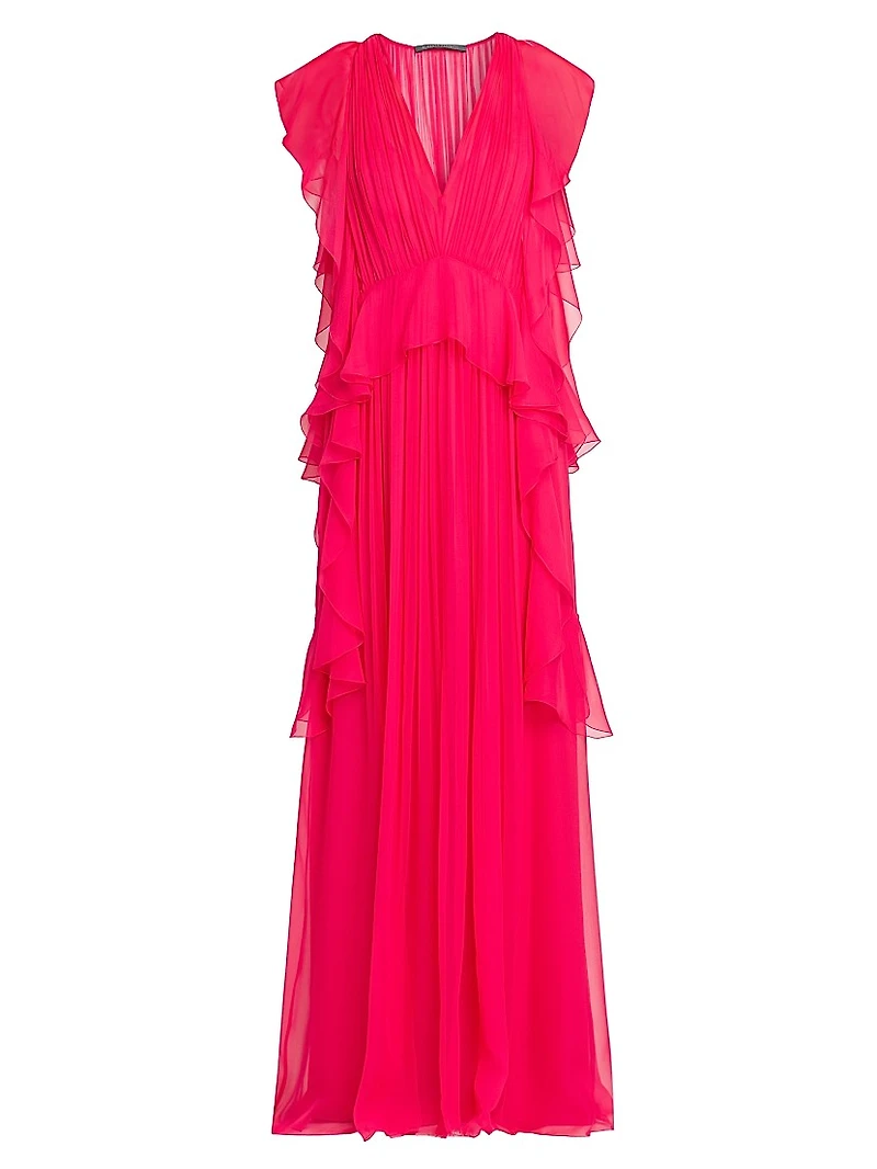 Silk Chiffon Ruffle V-Neck Peplum Gown