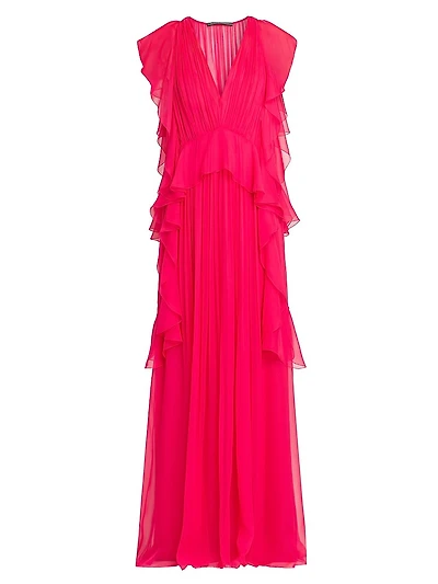 Silk Chiffon Ruffle V-Neck Peplum Gown