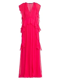 Silk Chiffon Ruffle V-Neck Peplum Gown