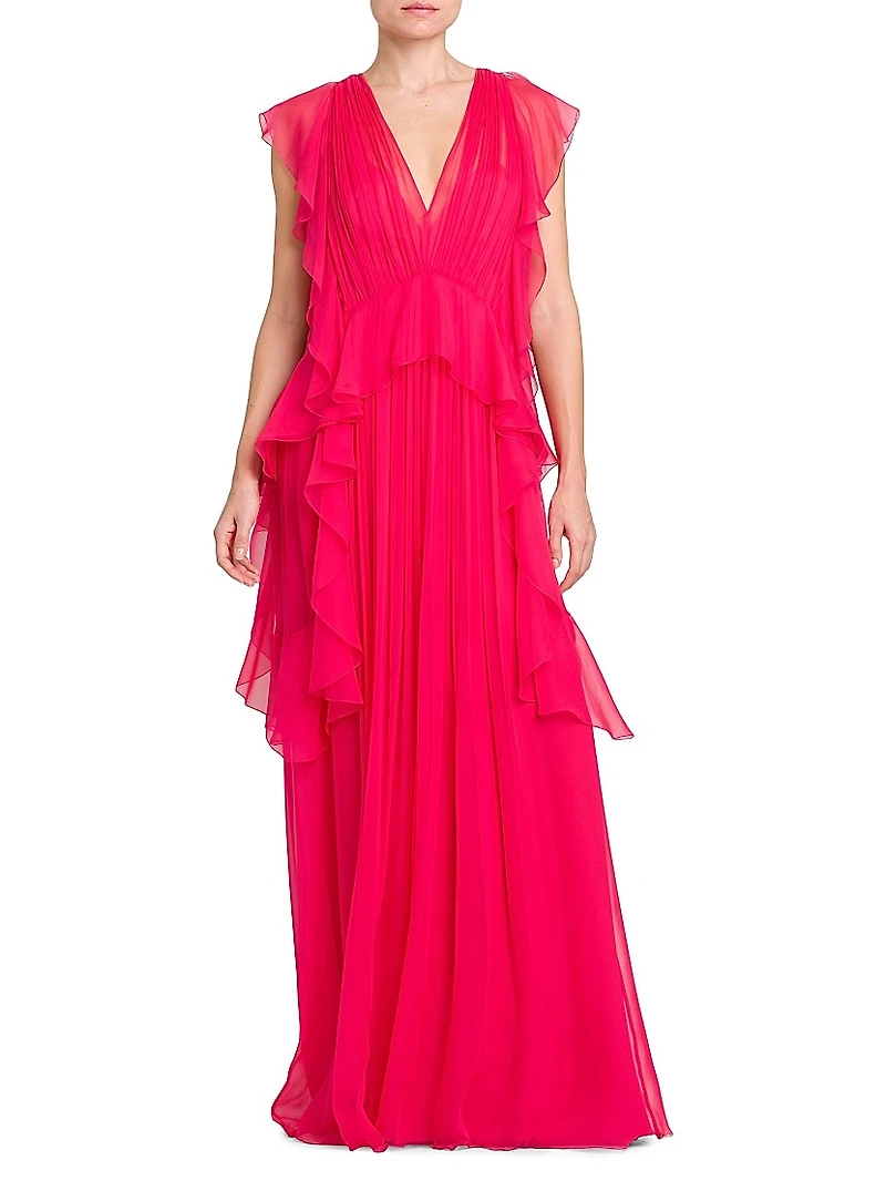Silk Chiffon Ruffle V-Neck Peplum Gown