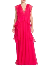 Silk Chiffon Ruffle V-Neck Peplum Gown