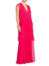 Silk Chiffon Ruffle V-Neck Peplum Gown