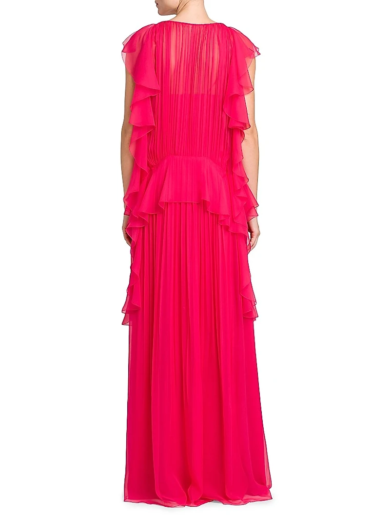 Silk Chiffon Ruffle V-Neck Peplum Gown