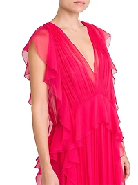 Silk Chiffon Ruffle V-Neck Peplum Gown