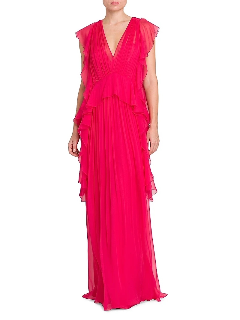 Silk Chiffon Ruffle V-Neck Peplum Gown
