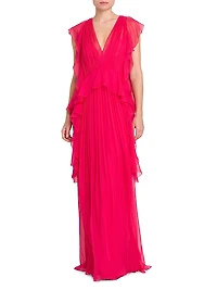 Silk Chiffon Ruffle V-Neck Peplum Gown