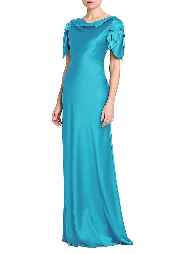Satin Cowl Neck Short-Sleeve Gown