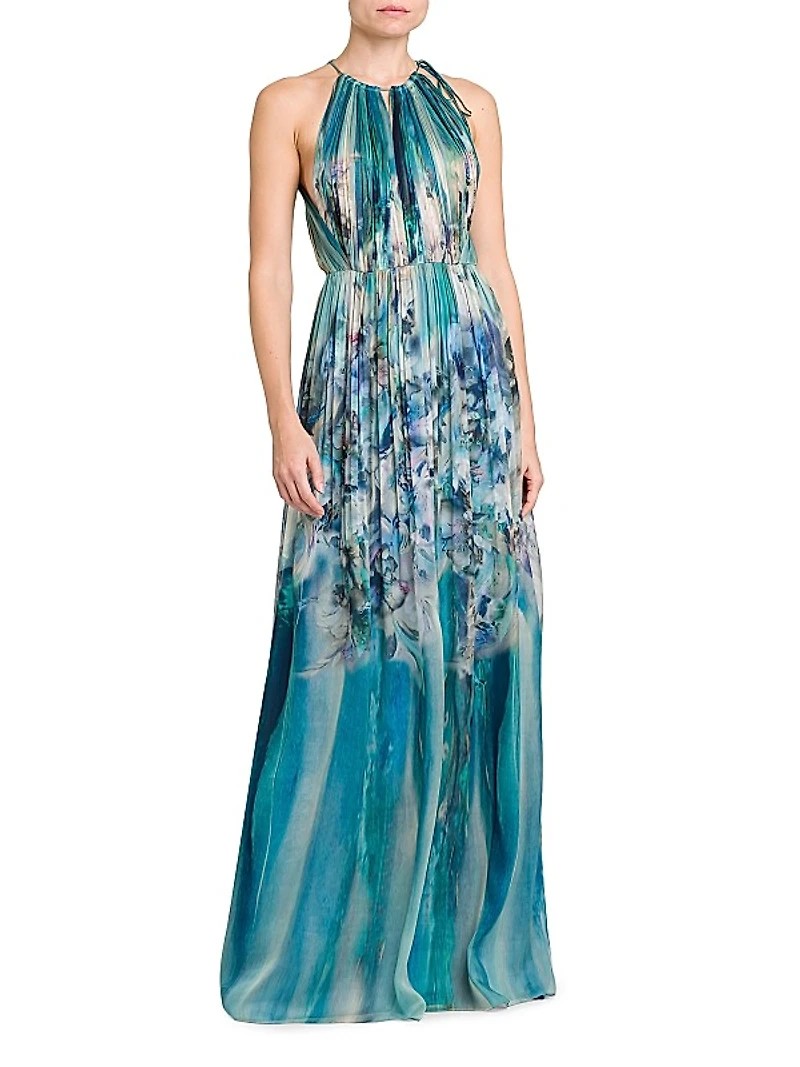 Floral Silk Chiffon Open Back Gown