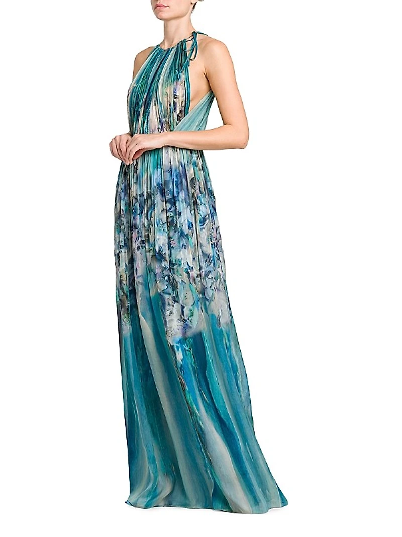 Floral Silk Chiffon Open Back Gown