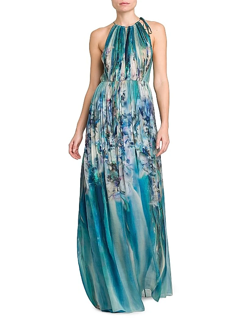 Floral Silk Chiffon Open Back Gown