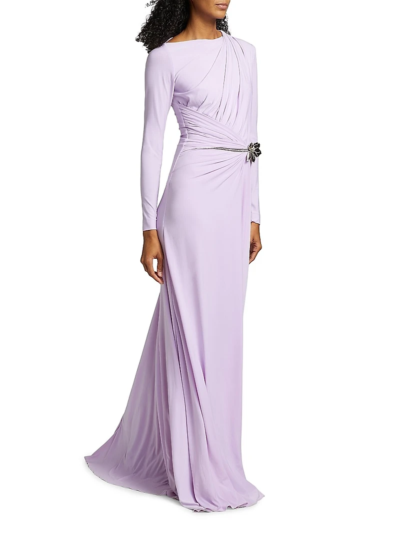 Draped Jersey Flower Hardware Gown