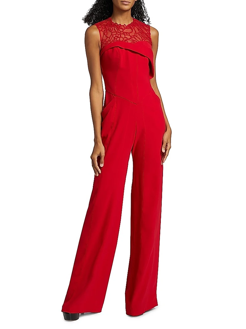 Crêpe Lace Neck Jumpsuit