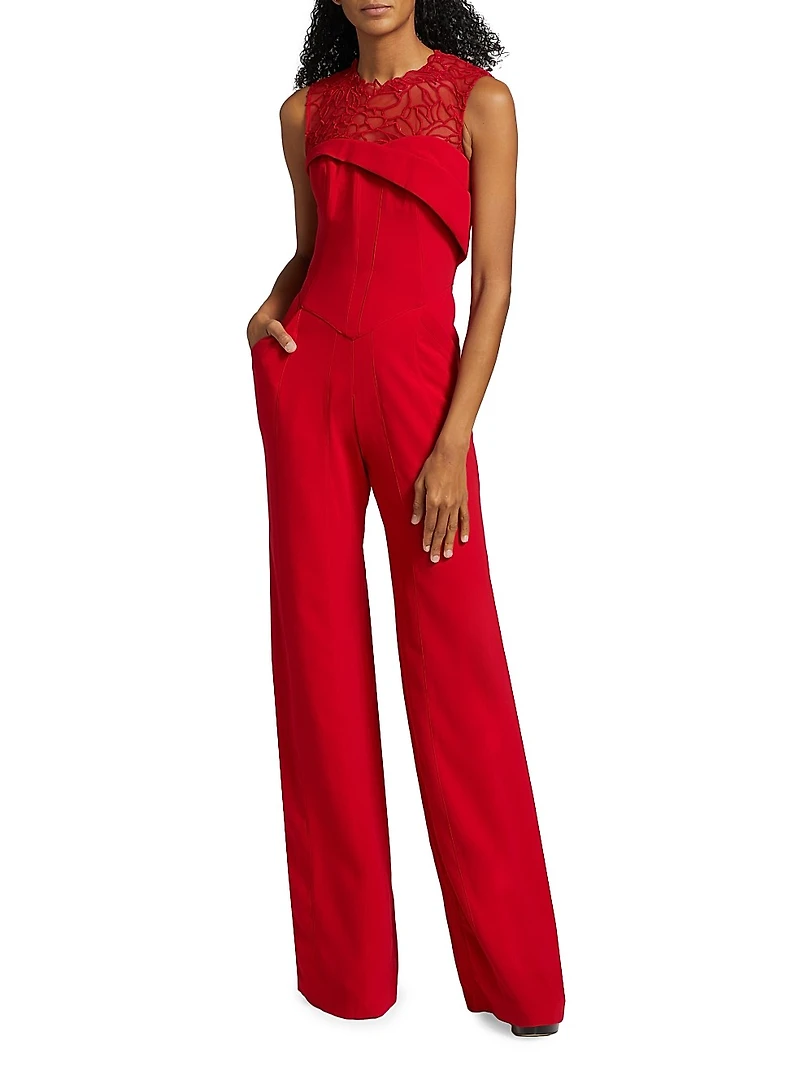 Crêpe Lace Neck Jumpsuit