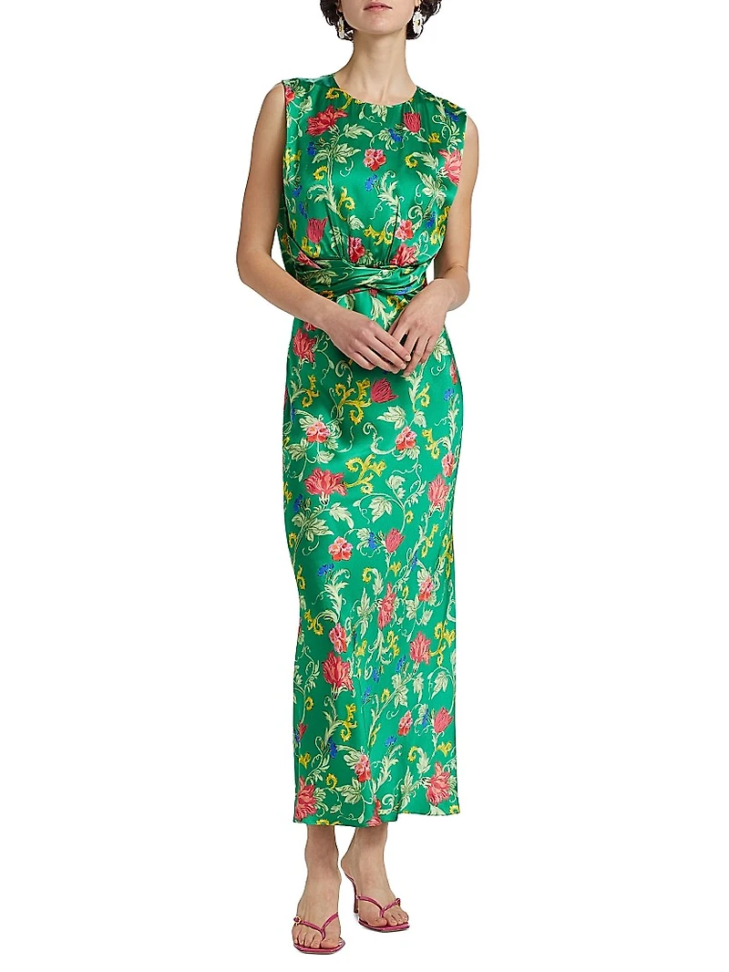 Gwen Floral Silk Tie-Waist Midi-Dress