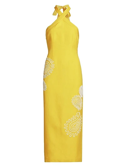 Carly Embroidered Linen-Blend Halterneck Midi-Dress