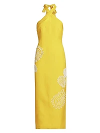 Carly Embroidered Linen-Blend Halterneck Midi-Dress